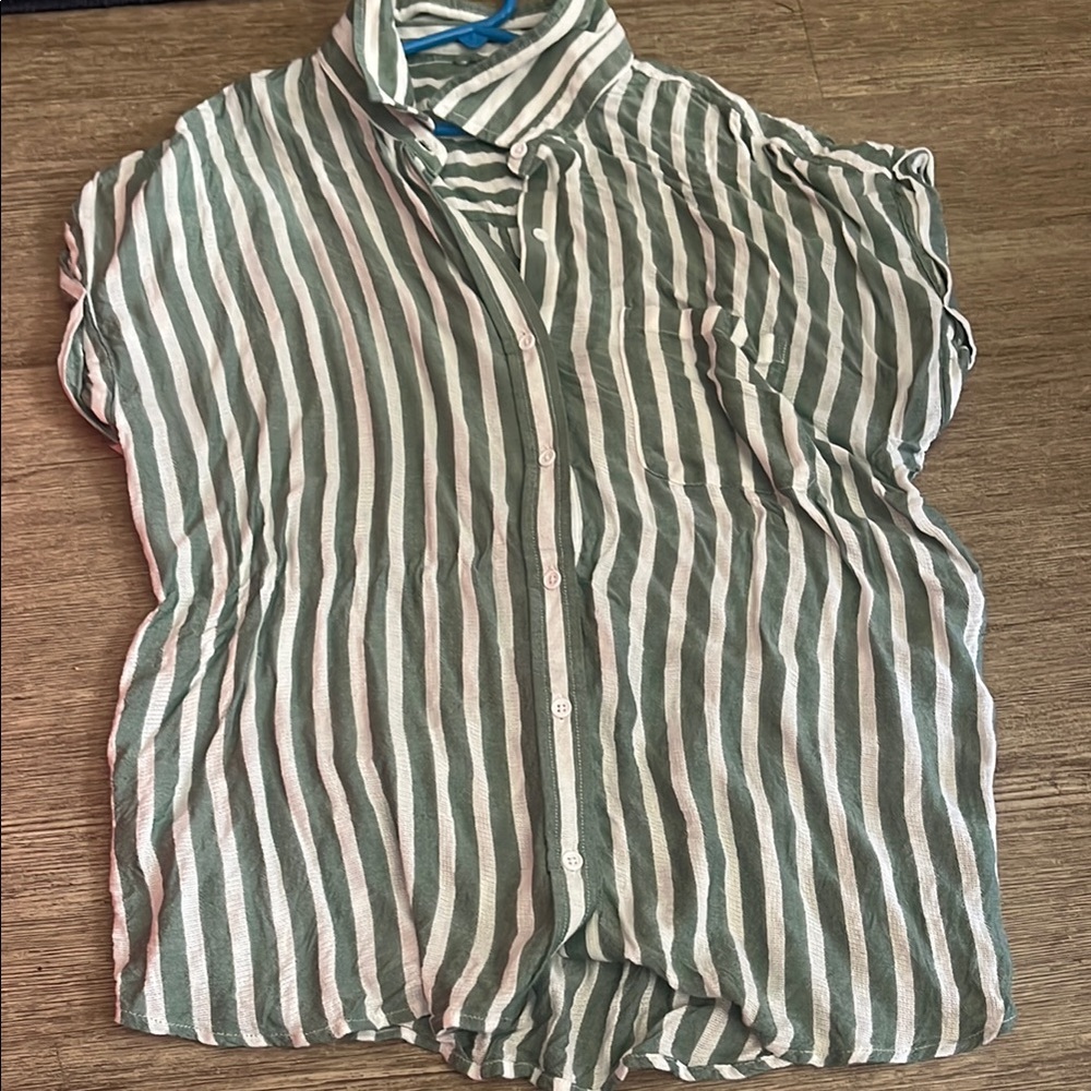 Green and White Striped Short Sleeve Blouse